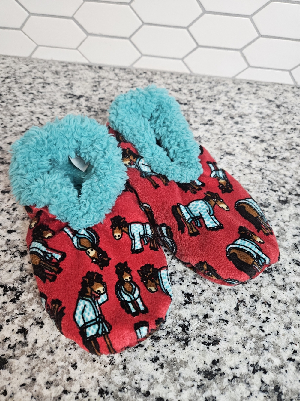 Lazy One Red Horse-Print Slippers with Teal Plush Lining